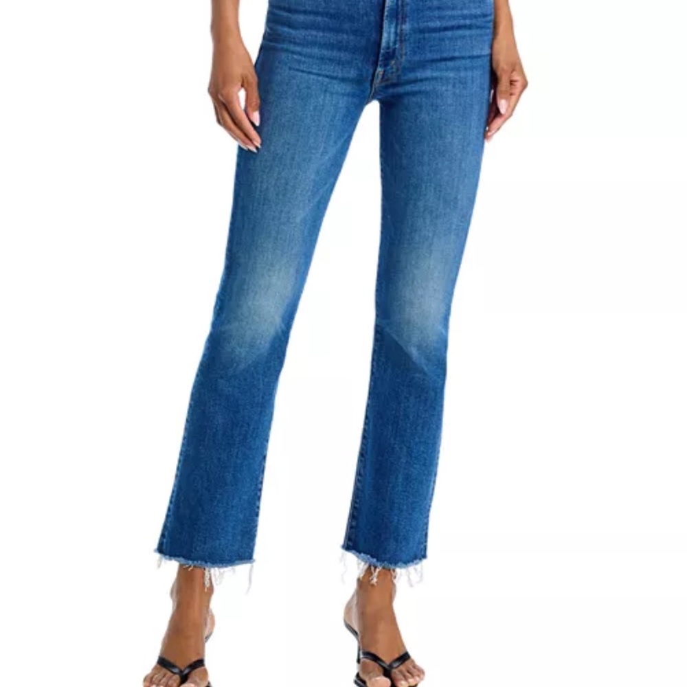 MOTHER Straight Leg Blue Jeans with Frayed Hem